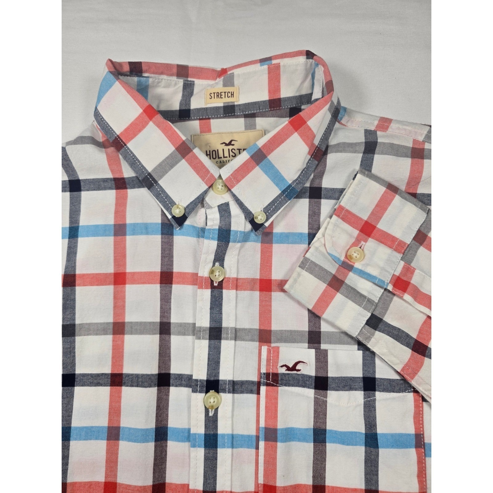 Hollister Mens Xl Stretch Plaid Button Down Shirt Long Sleeve Multi Color Pocket